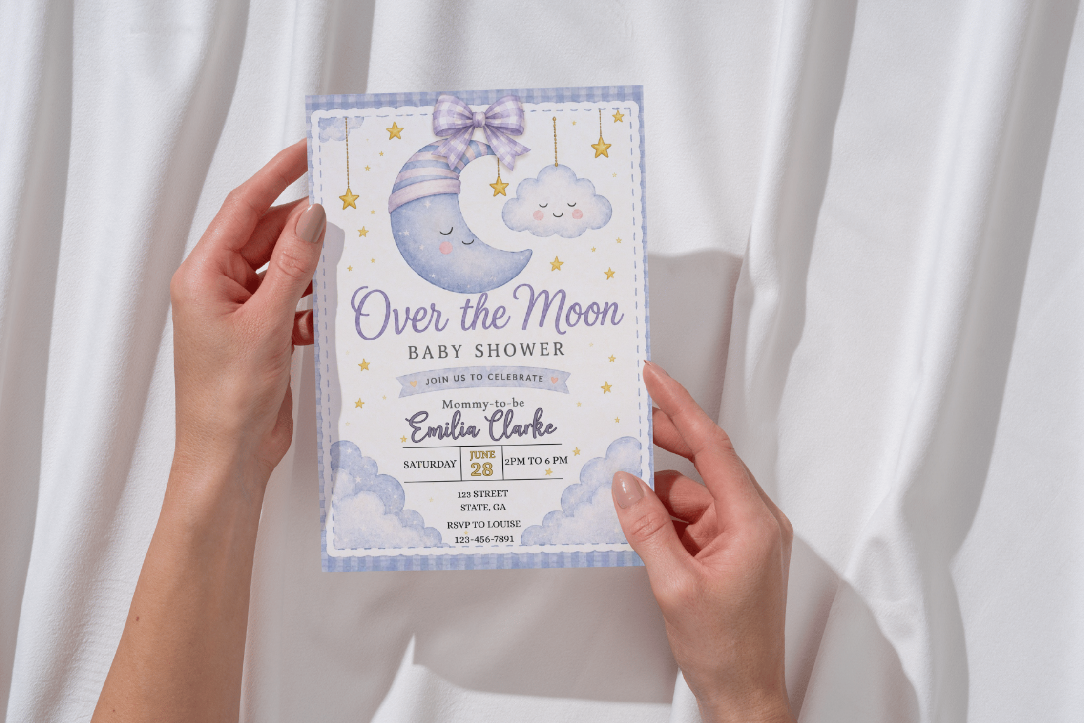 Over the Moon Baby Shower Invitation, Moon and Stars Baby Shower Invite, Celestial Baby Shower, Editable Canva Invitation