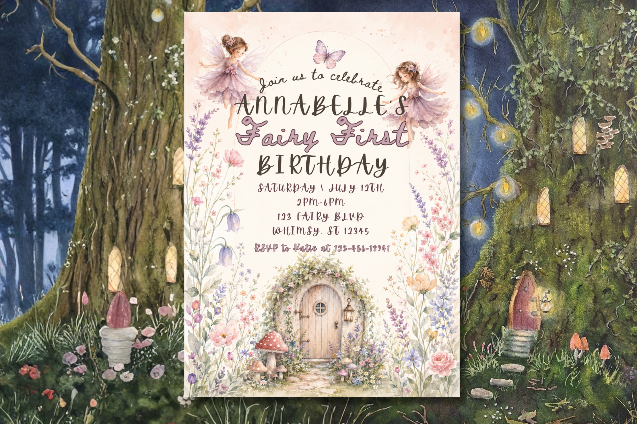 Fairy First Birthday Invitation, Enchanted Fairy Garden 1st Birthday Invite, Watercolor Floral Birthday Invite, Editable Canva Template