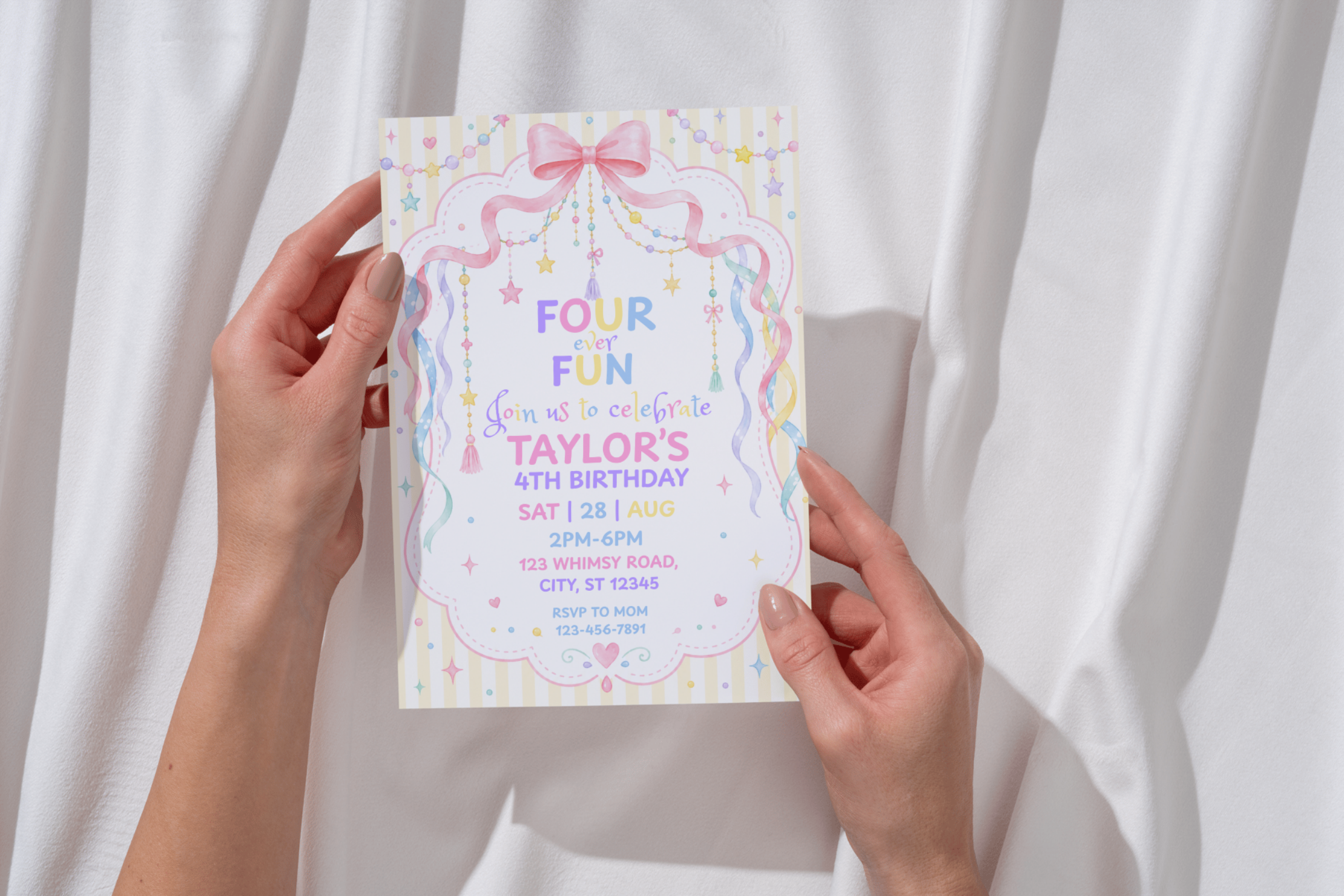 Four Ever Fun 4th Birthday Invitation, Pastel Birthday Invite, Whimsical Fourth Birthday Party, Editable Canva Invitation
