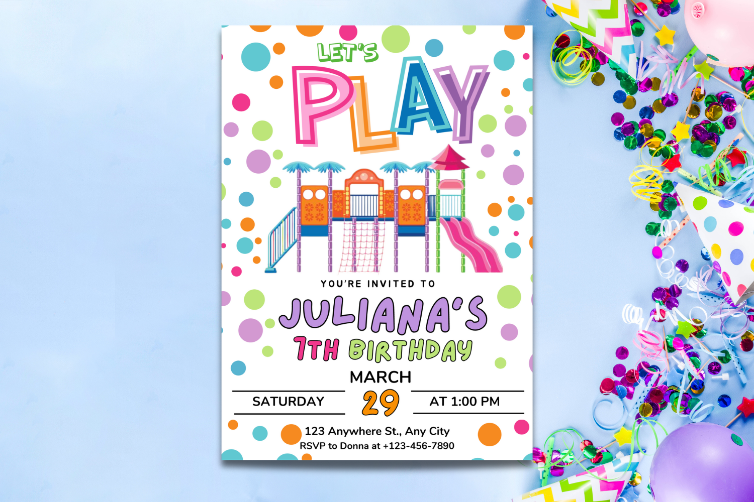 Girls Playground Birthday Invitation, Let’s Play Kids Birthday Invite, Colorful Play Party Invitation, Editable Canva Birthday Template