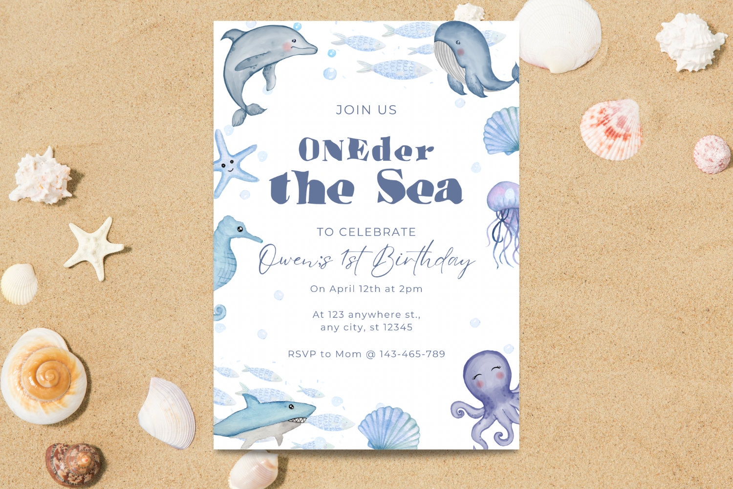Under the Sea First Birthday Invitation, Oneder the Sea Birthday Invite, Blue Ocean Birthday Party, Editable Canva Invitation
