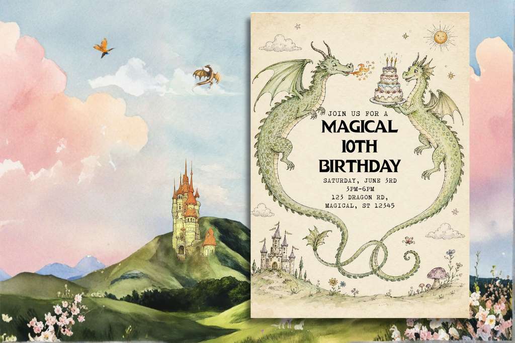 Dragon Birthday Invitation, Magical Dragon Party Invite, Medieval Fantasy Birthday Invitation, Enchanted Castle Party, Editable Canva Template