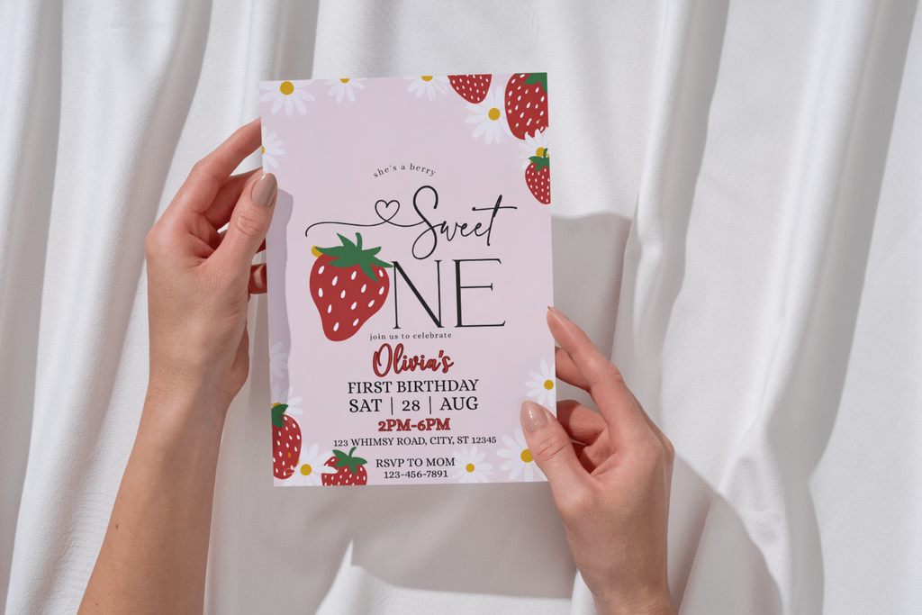 Berry Sweet First Birthday Invitation, Strawberry 1st Birthday Invite, Sweet One Birthday Party, Editable Canva Invitation