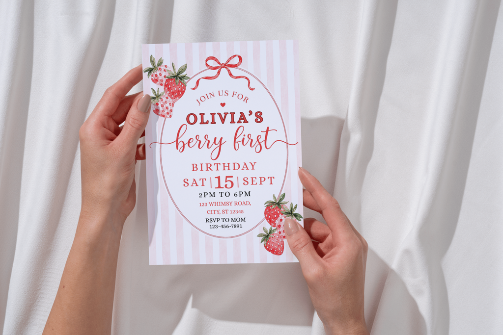 Berry First Birthday Invitation, Strawberry 1st Birthday Invite, Berry Sweet First Birthday, Editable Canva Invitation