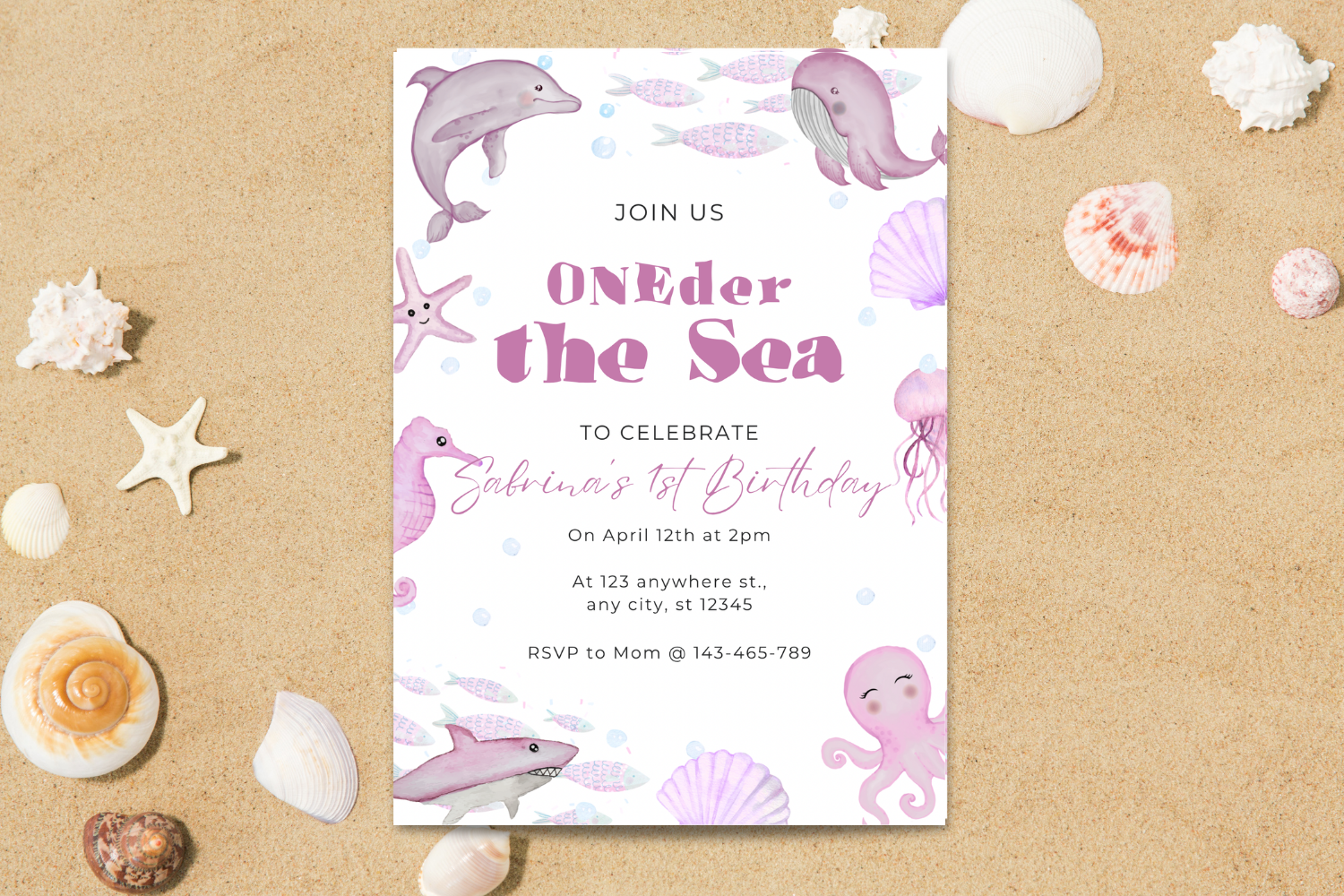 Under the Sea First Birthday Invitation, Oneder the Sea Birthday Invite, Pink Ocean Birthday Party, Editable Canva Invitation