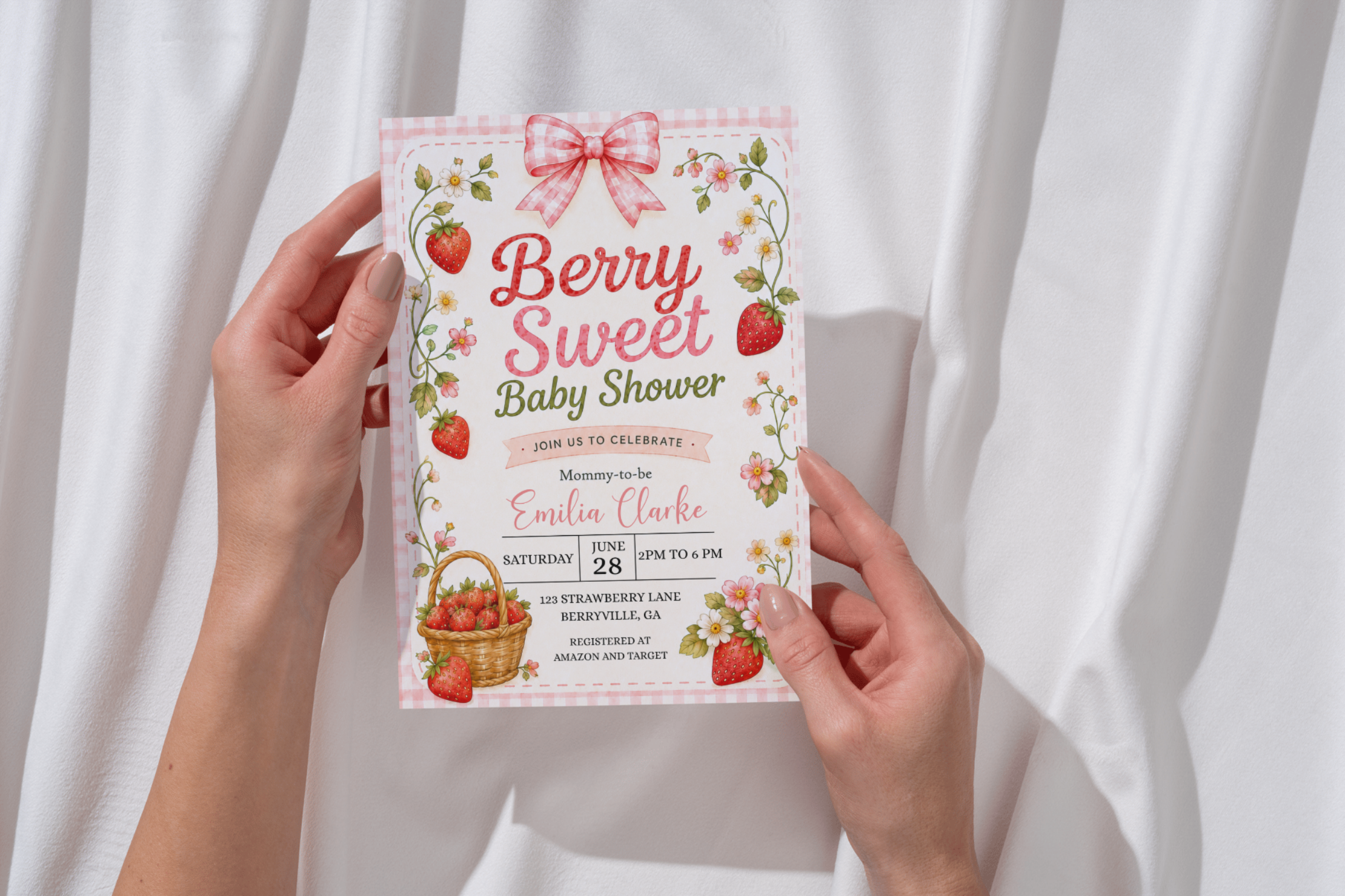 Berry Sweet Baby Shower Invitation, Strawberry Baby Shower Invite, Floral Gingham Baby Shower, Editable Canva Invitation