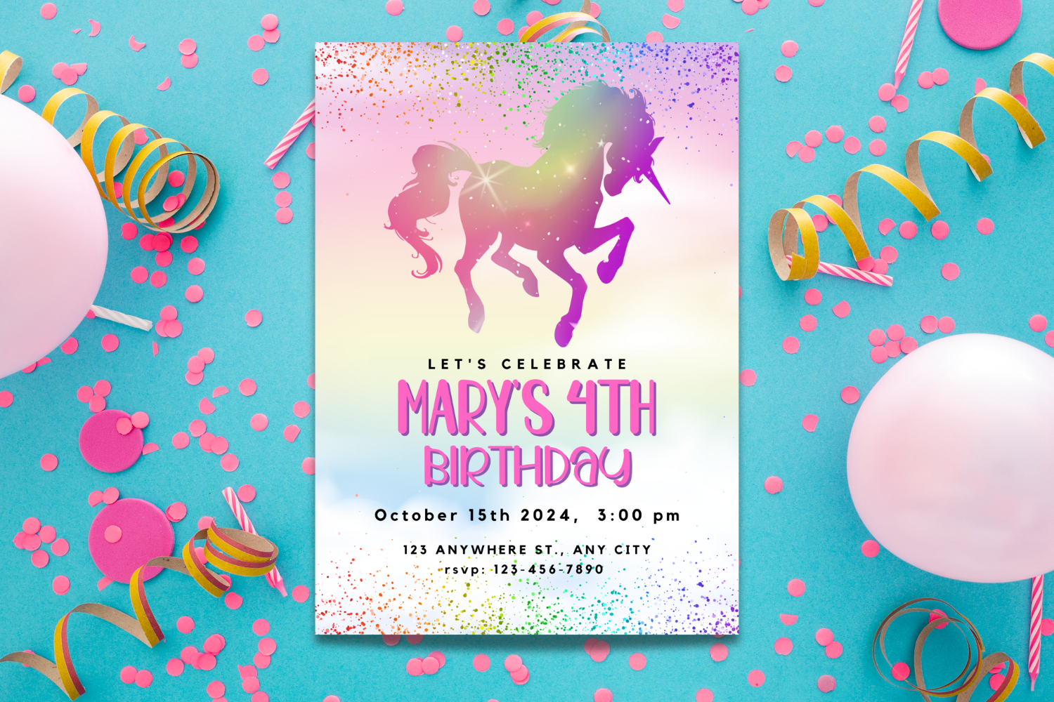 Rainbow Unicorn Birthday Invitation, Colorful Unicorn Party Invite, Magical Kids Birthday Invitation, Editable Canva Template