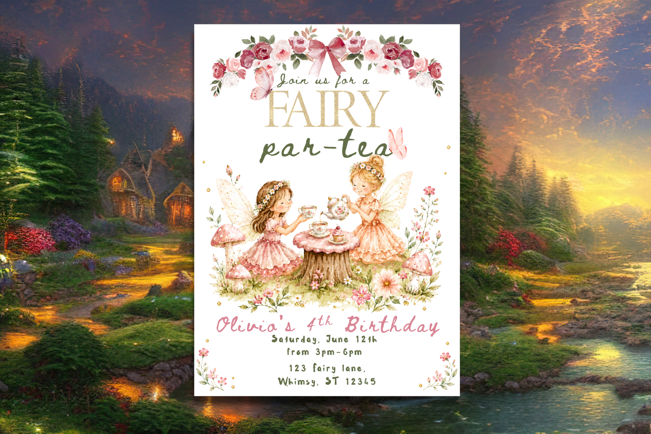 Fairy Par-Tea Birthday Invitation, Fairy Tea Party Invite, Enchanted Garden Birthday Party, Whimsical Fairy Invitation, Editable Canva Template