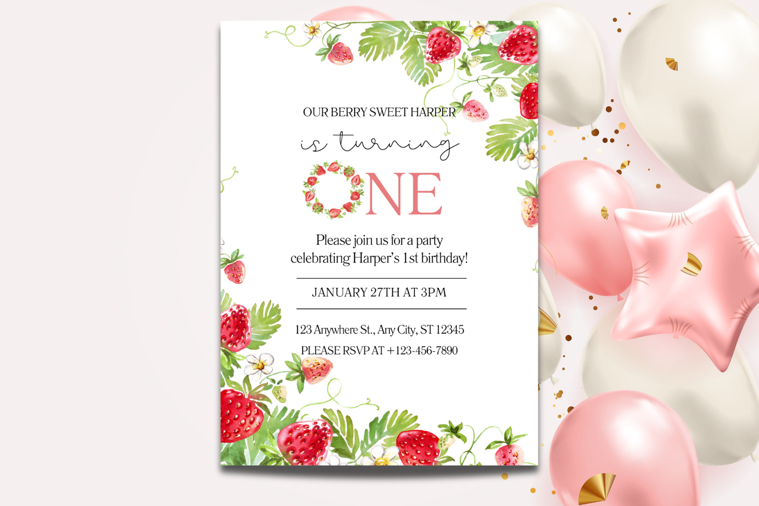 Editable Pink Berry First Birthday Invite, Strawberry Theme Invitation
