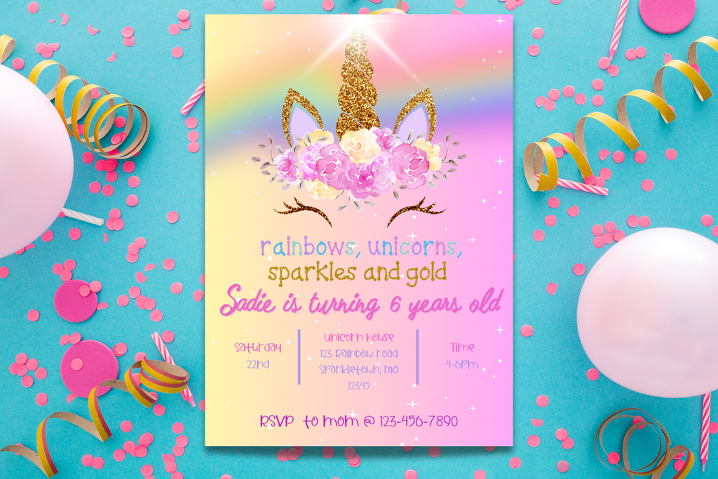 Unicorn Birthday Invitation, Rainbow Unicorn Party Invite, Sparkle Birthday Invitation, Editable Canva Kids Birthday Template