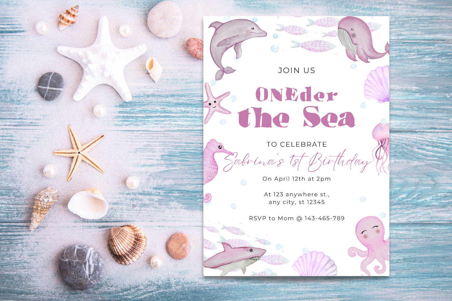 Under the Sea First Birthday Invitation, Oneder the Sea Birthday Invite, Pink Ocean Birthday Party, Editable Canva Invitation