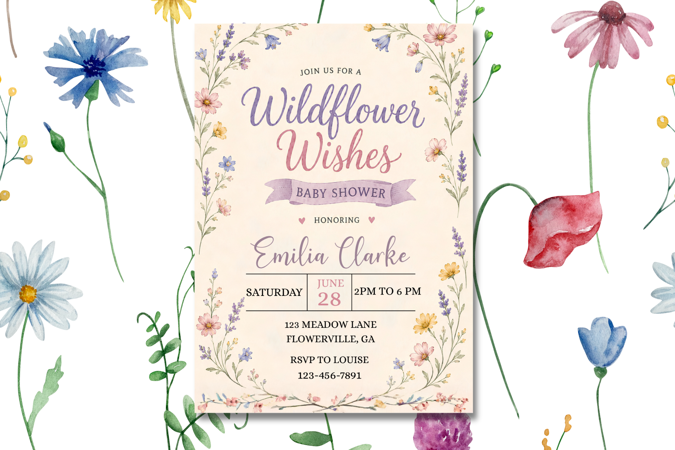 Wildflower Wishes Baby Shower Invitation, Floral Baby Shower Invite, Garden Baby Shower, Editable Canva Invitation