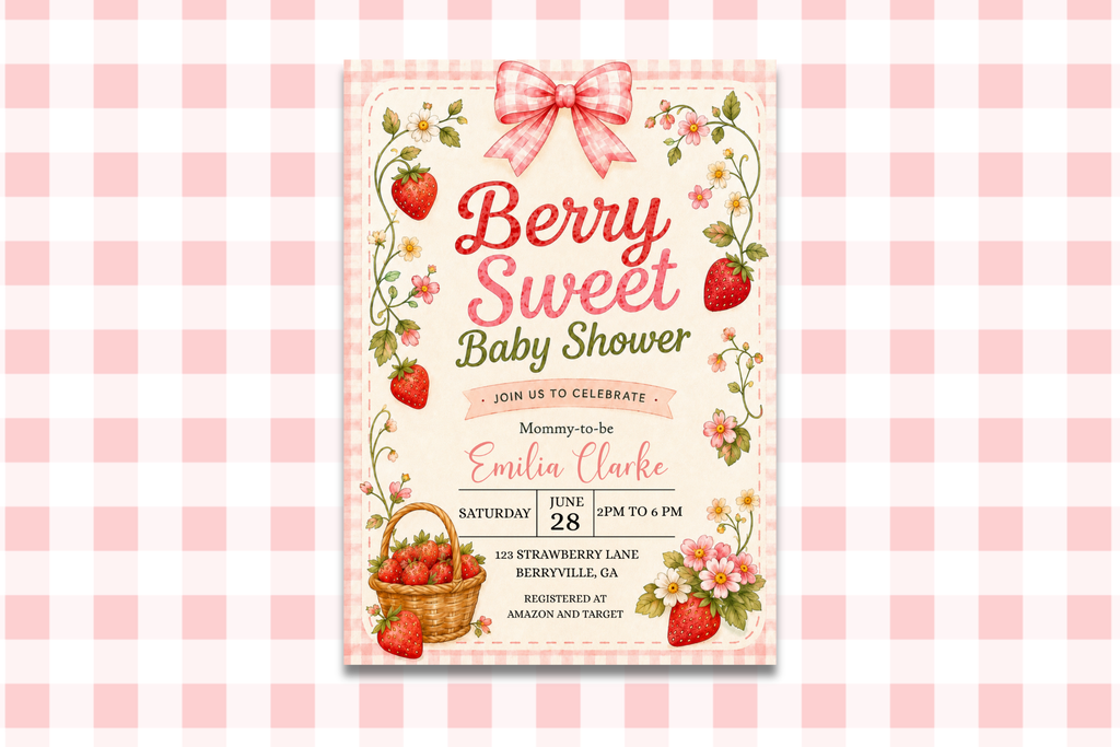 Berry Sweet Baby Shower Invitation, Strawberry Baby Shower Invite, Floral Gingham Baby Shower, Editable Canva Invitation