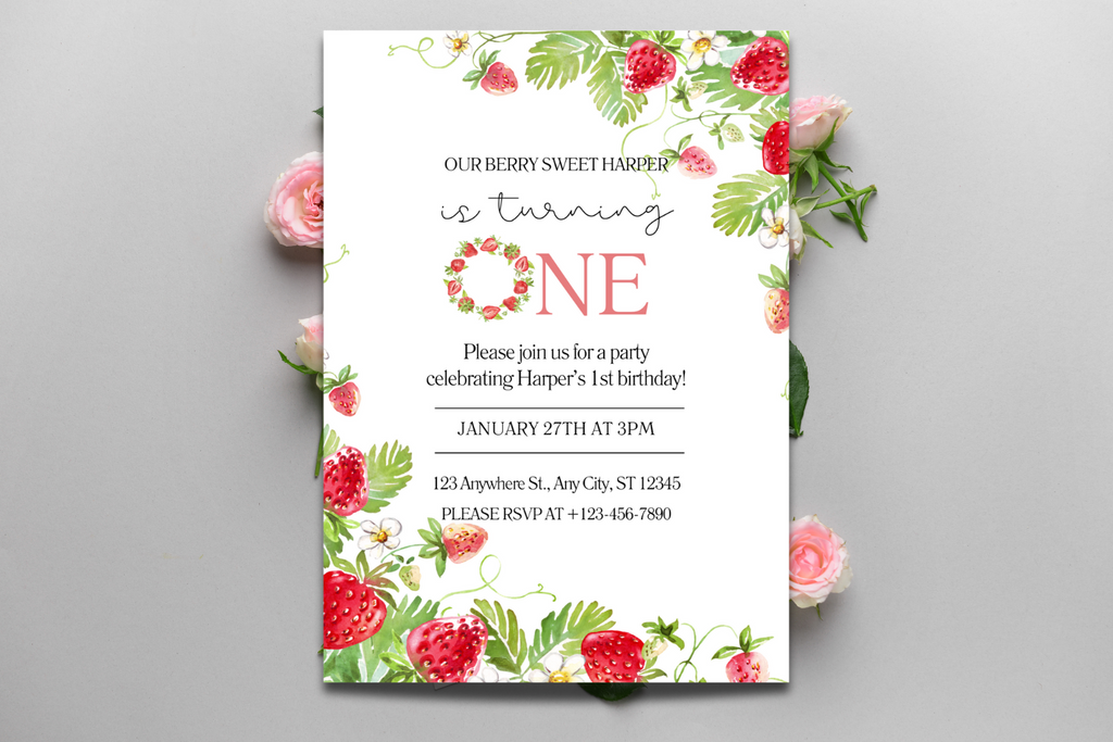 Editable Pink Berry First Birthday Invite, Strawberry Theme Invitation