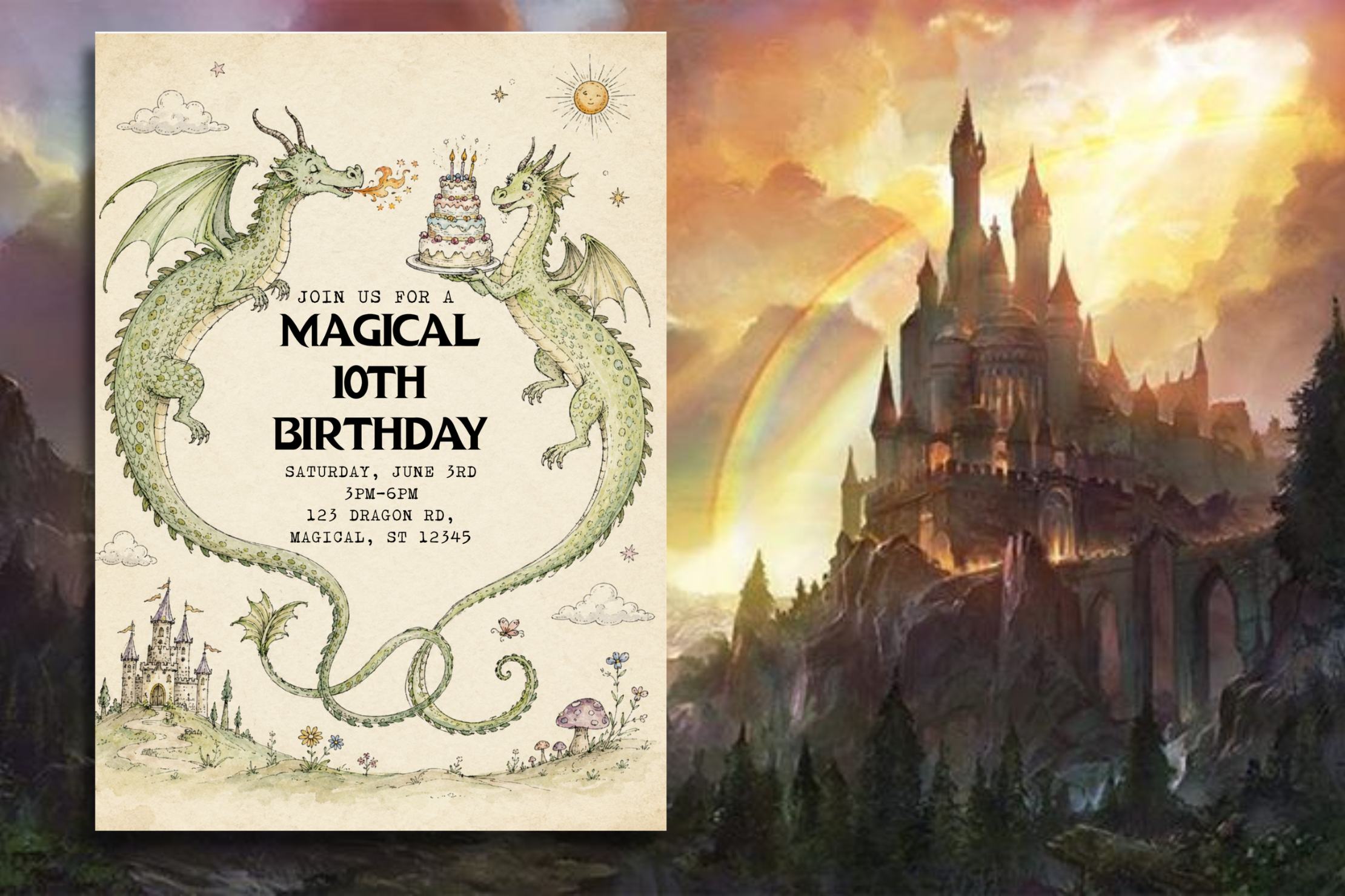 Dragon Birthday Invitation, Magical Dragon Party Invite, Medieval Fantasy Birthday Invitation, Enchanted Castle Party, Editable Canva Template