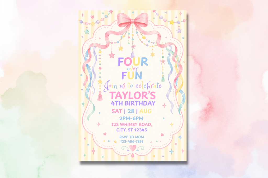 Four Ever Fun 4th Birthday Invitation, Pastel Birthday Invite, Whimsical Fourth Birthday Party, Editable Canva Invitation