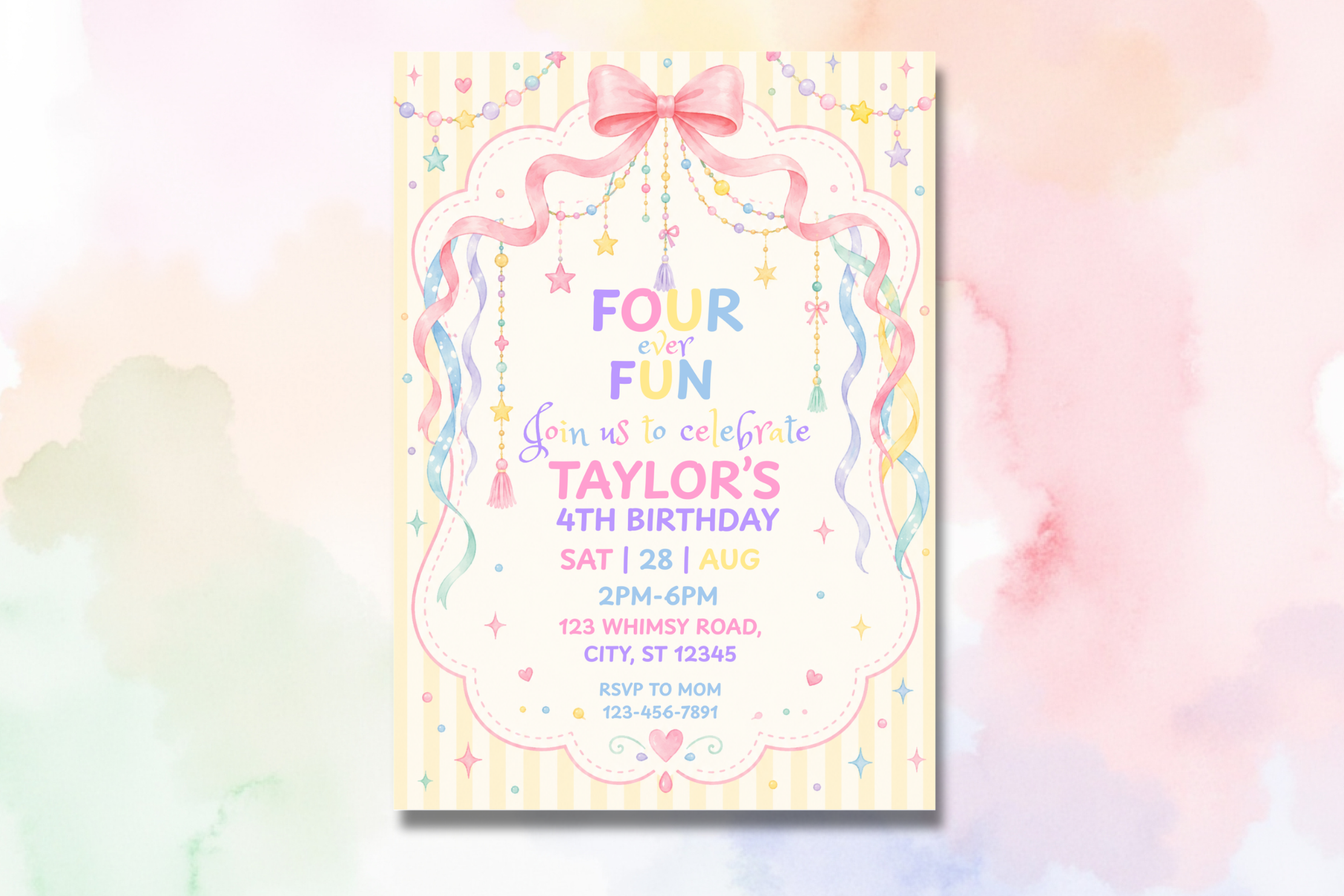Four Ever Fun 4th Birthday Invitation, Pastel Birthday Invite, Whimsical Fourth Birthday Party, Editable Canva Invitation