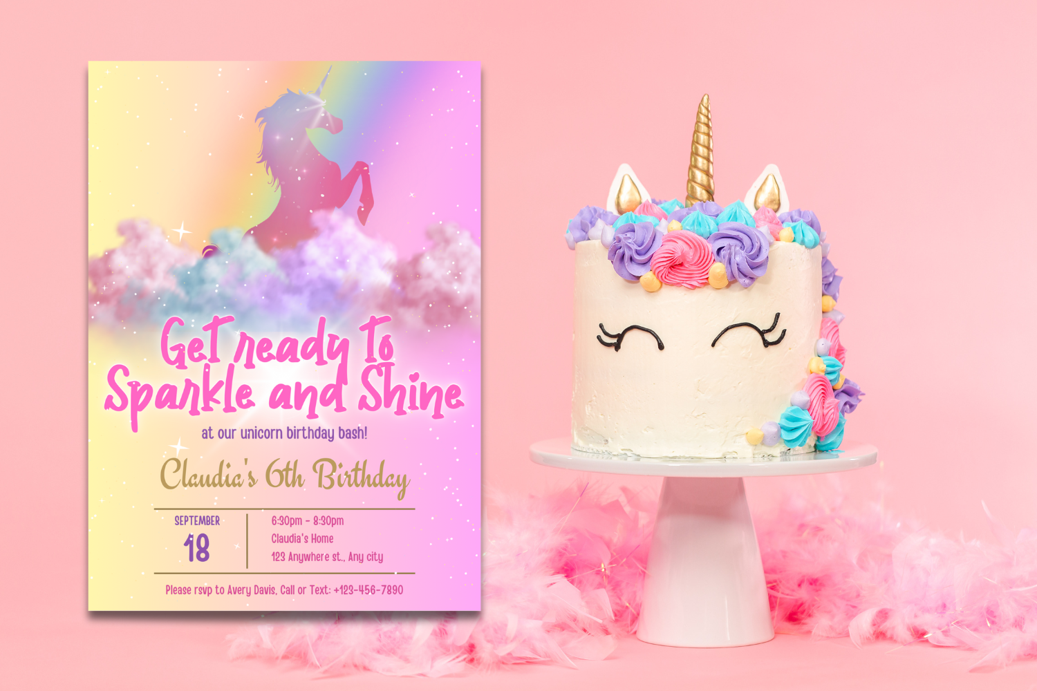 Pastel Unicorn Birthday Invitation, Sparkle & Shine Unicorn Party Invite, Rainbow Kids Birthday, Editable Canva Invitation