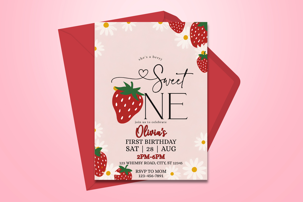 Berry Sweet First Birthday Invitation, Strawberry 1st Birthday Invite, Sweet One Birthday Party, Editable Canva Invitation