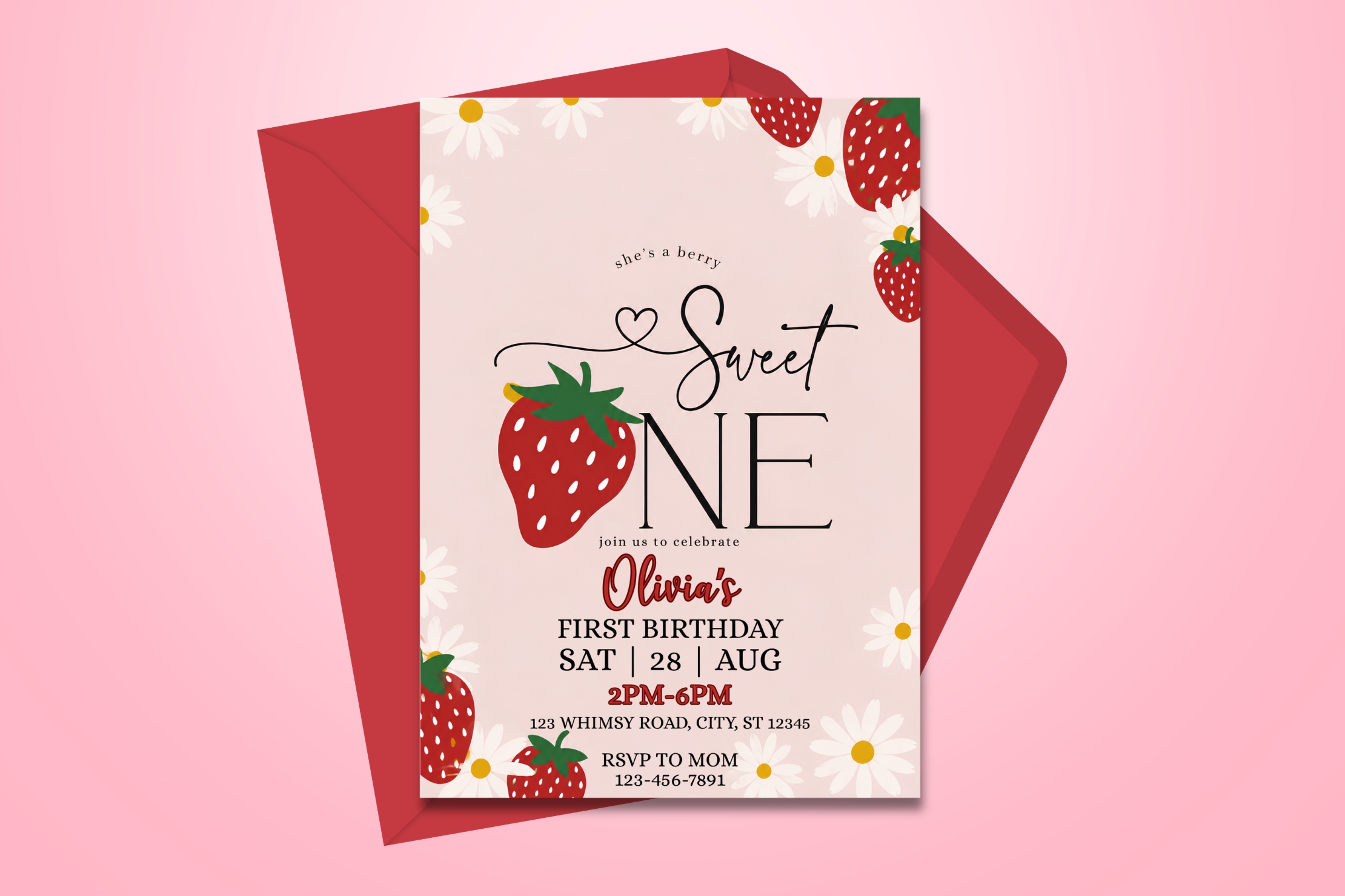 Berry Sweet First Birthday Invitation, Strawberry 1st Birthday Invite, Sweet One Birthday Party, Editable Canva Invitation