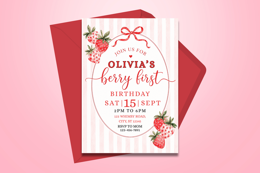 Berry First Birthday Invitation, Strawberry 1st Birthday Invite, Berry Sweet First Birthday, Editable Canva Invitation