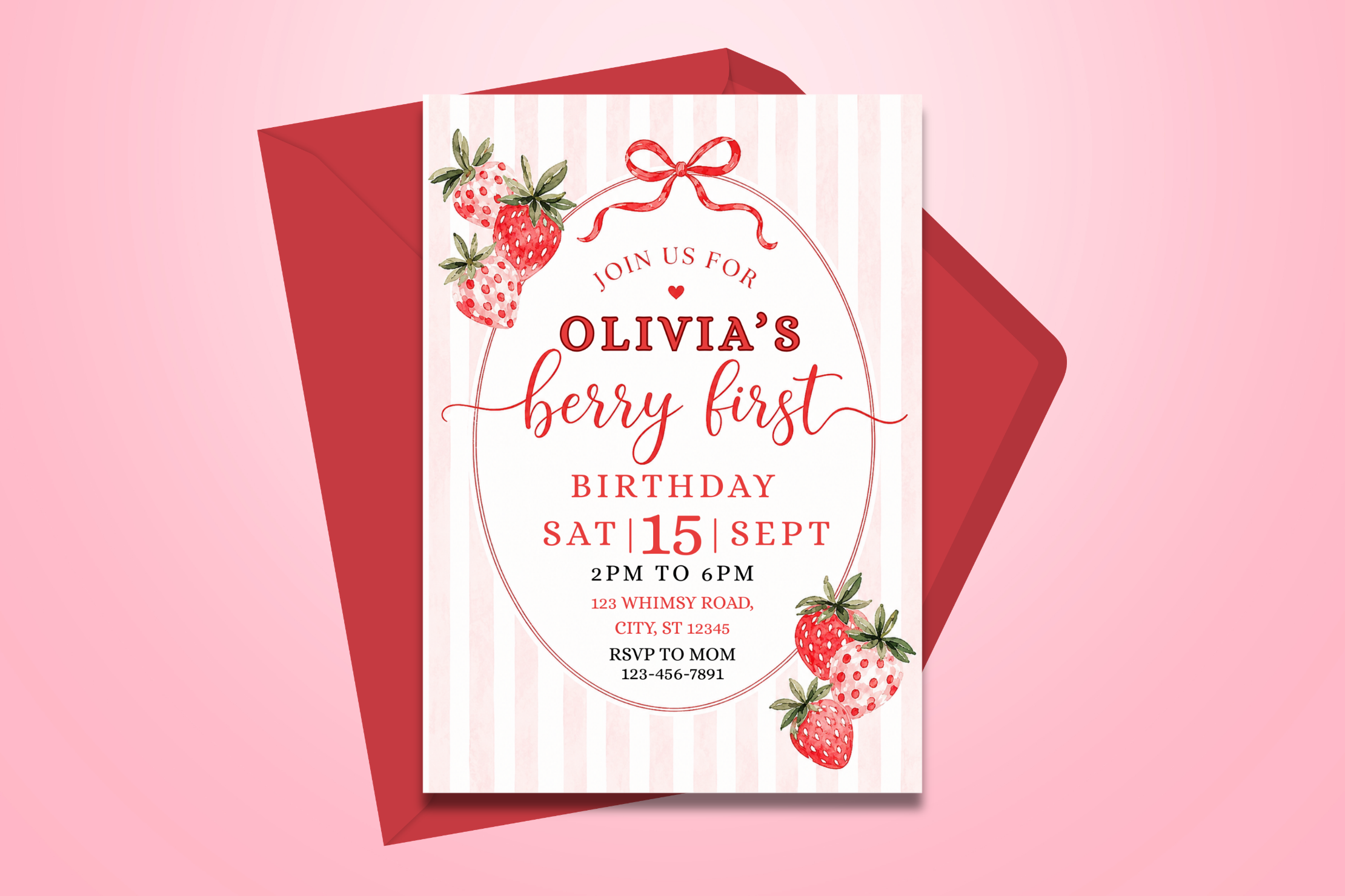 Berry First Birthday Invitation, Strawberry 1st Birthday Invite, Berry Sweet First Birthday, Editable Canva Invitation