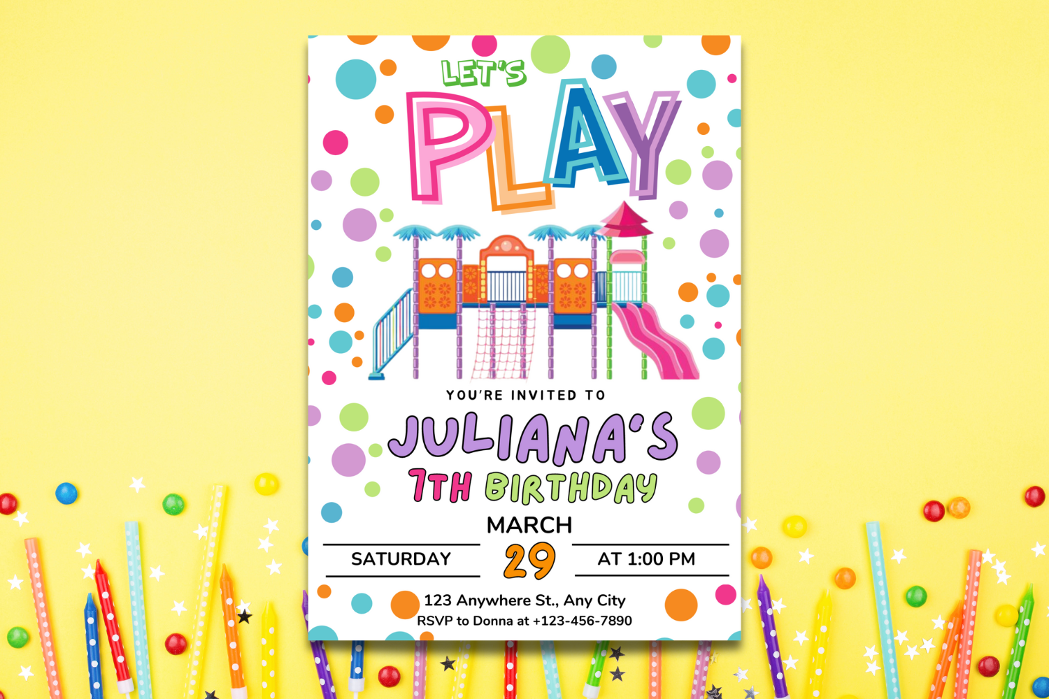 Girls Playground Birthday Invitation, Let’s Play Kids Birthday Invite, Colorful Play Party Invitation, Editable Canva Birthday Template