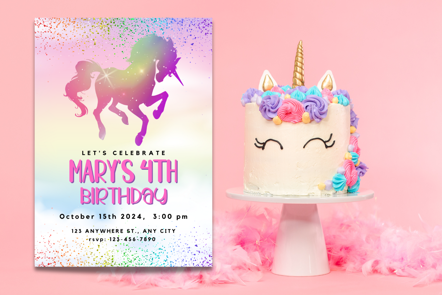 Rainbow Unicorn Birthday Invitation, Colorful Unicorn Party Invite, Magical Kids Birthday Invitation, Editable Canva Template