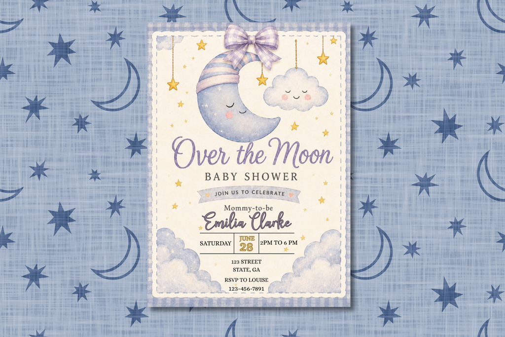 Over the Moon Baby Shower Invitation, Moon and Stars Baby Shower Invite, Celestial Baby Shower, Editable Canva Invitation