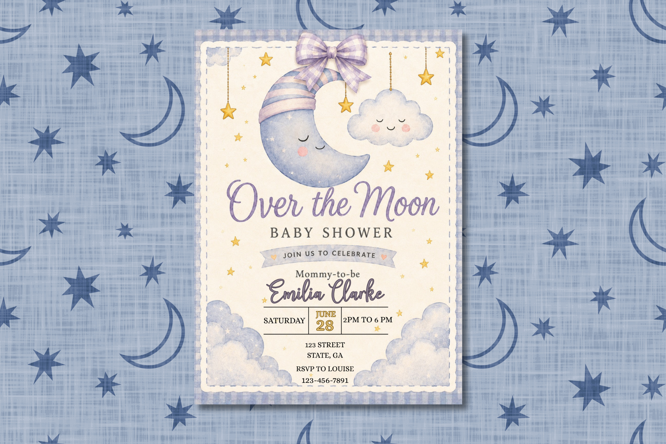 Over the Moon Baby Shower Invitation, Moon and Stars Baby Shower Invite, Celestial Baby Shower, Editable Canva Invitation