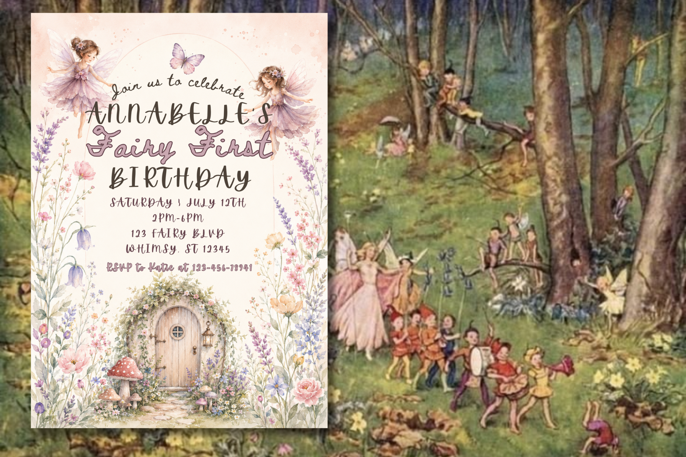 Fairy First Birthday Invitation, Enchanted Fairy Garden 1st Birthday Invite, Watercolor Floral Birthday Invite, Editable Canva Template
