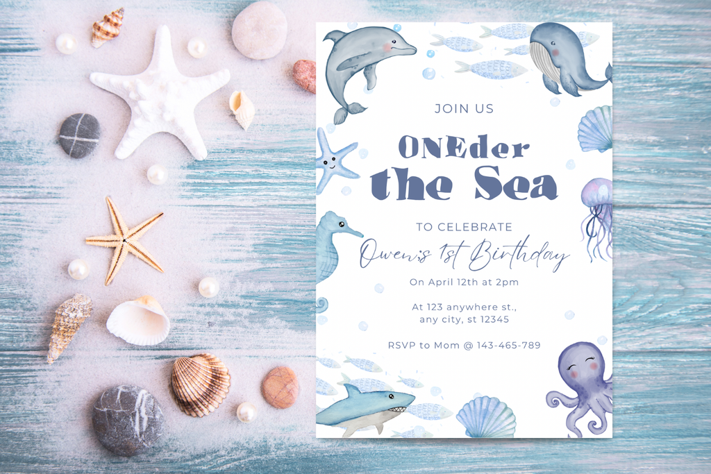 Under the Sea First Birthday Invitation, Oneder the Sea Birthday Invite, Blue Ocean Birthday Party, Editable Canva Invitation