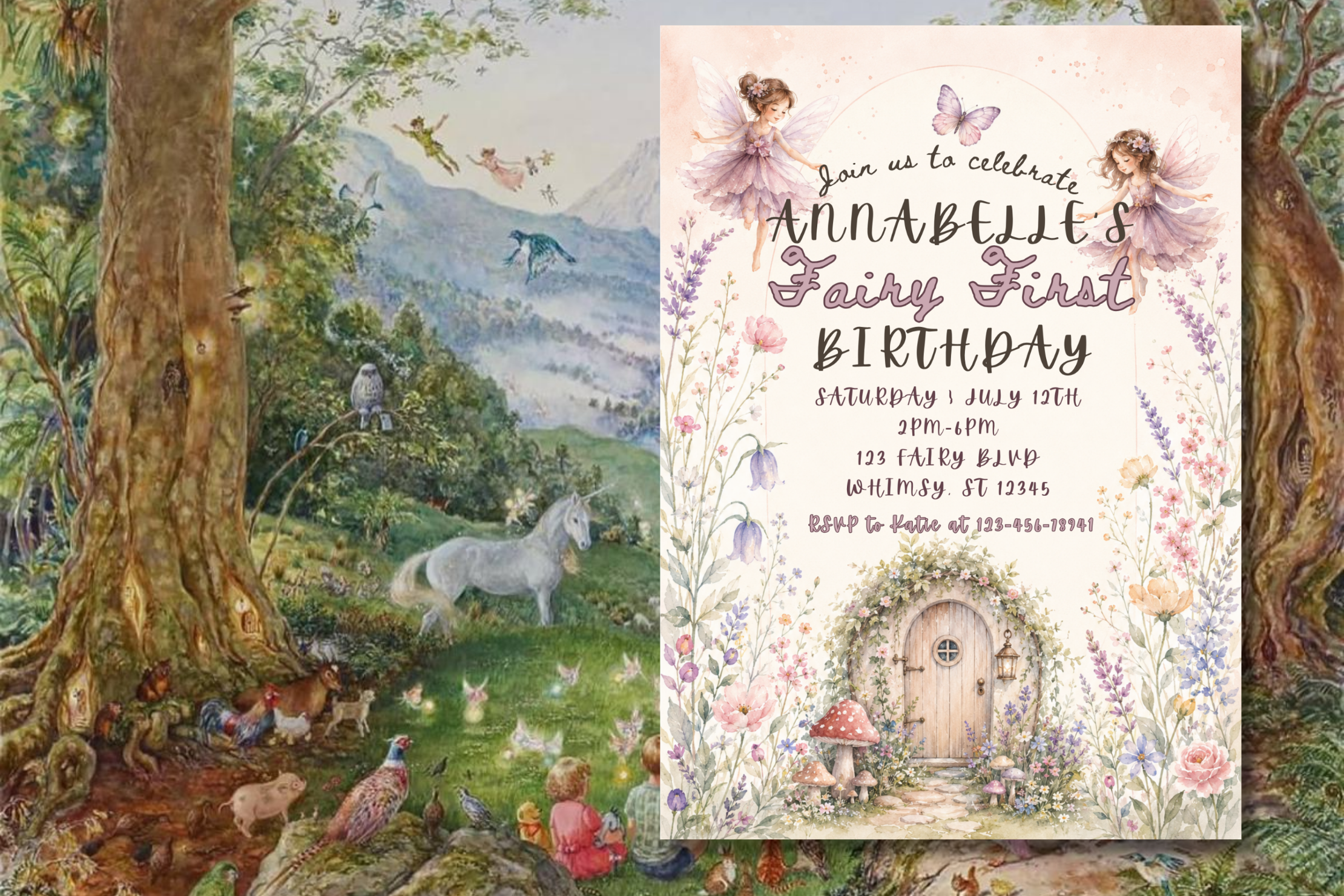 Fairy First Birthday Invitation, Enchanted Fairy Garden 1st Birthday Invite, Watercolor Floral Birthday Invite, Editable Canva Template