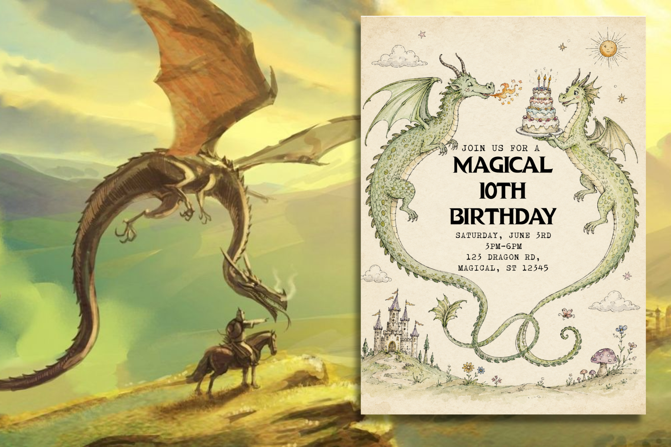 Dragon Birthday Invitation, Magical Dragon Party Invite, Medieval Fantasy Birthday Invitation, Enchanted Castle Party, Editable Canva Template