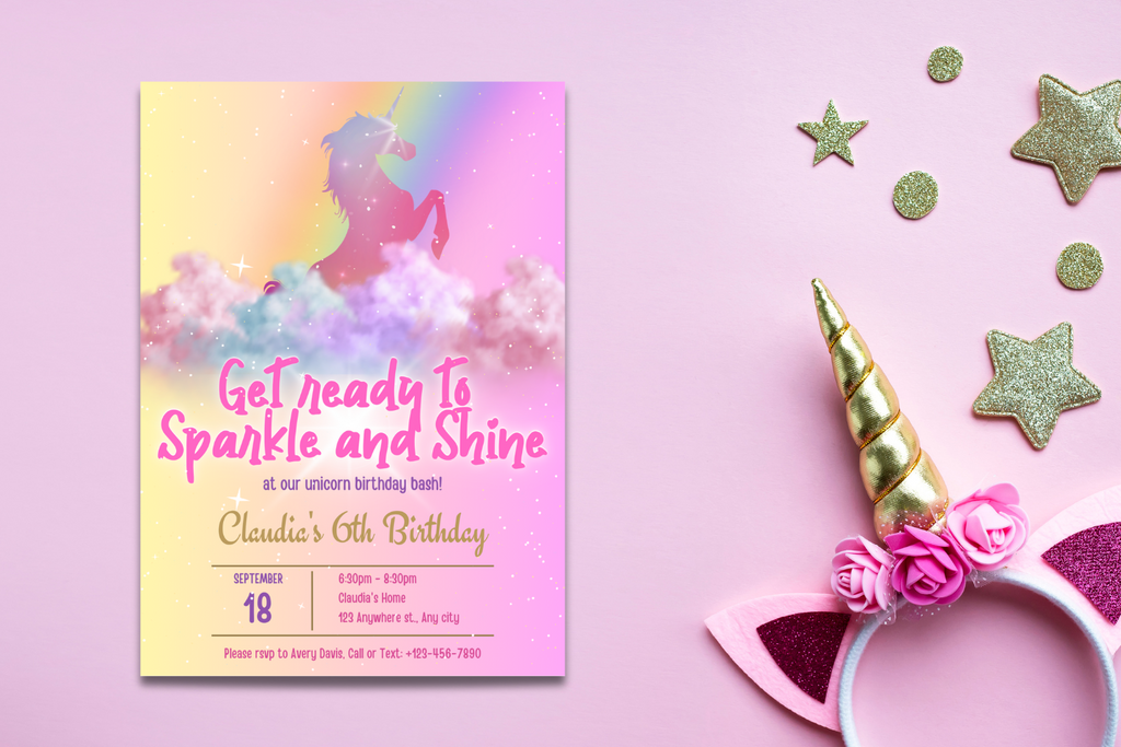 Pastel Unicorn Birthday Invitation, Sparkle & Shine Unicorn Party Invite, Rainbow Kids Birthday, Editable Canva Invitation