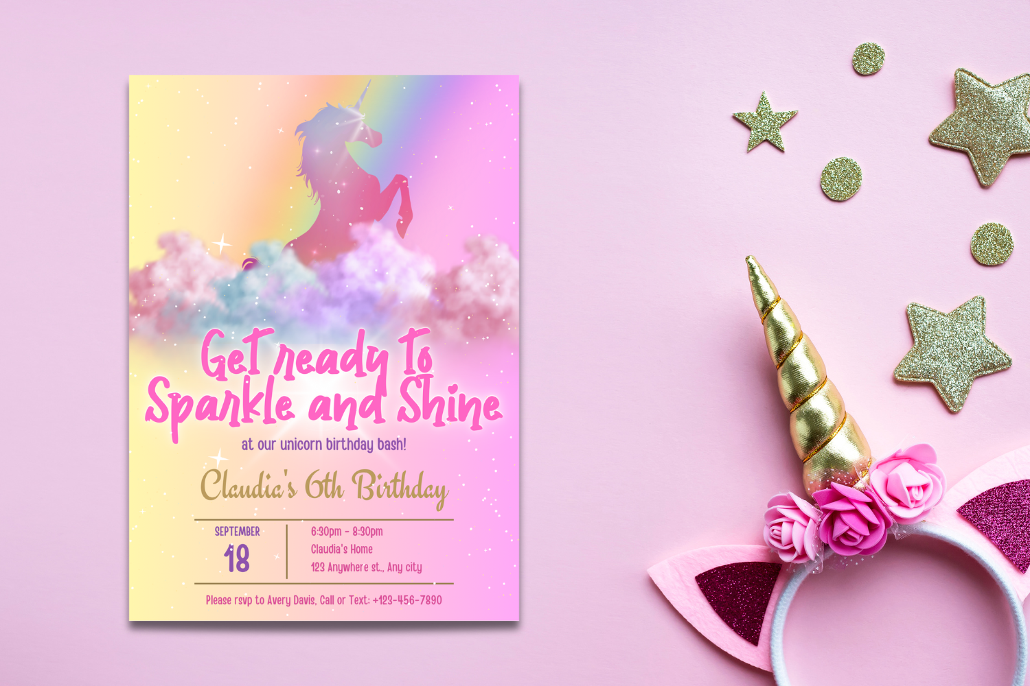 Pastel Unicorn Birthday Invitation, Sparkle & Shine Unicorn Party Invite, Rainbow Kids Birthday, Editable Canva Invitation