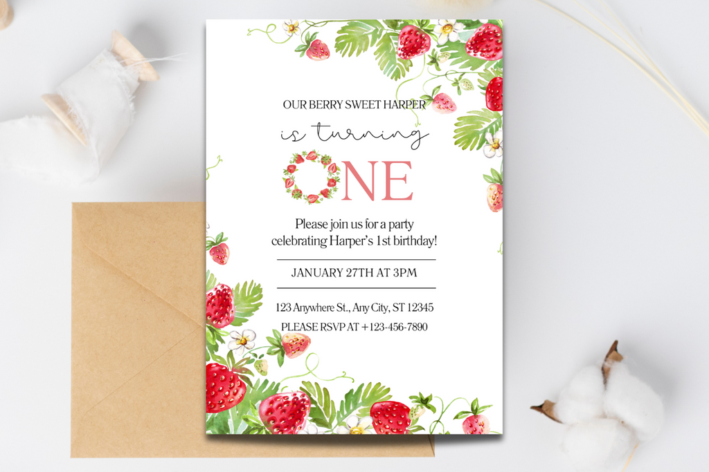 Editable Pink Berry First Birthday Invite, Strawberry Theme Invitation