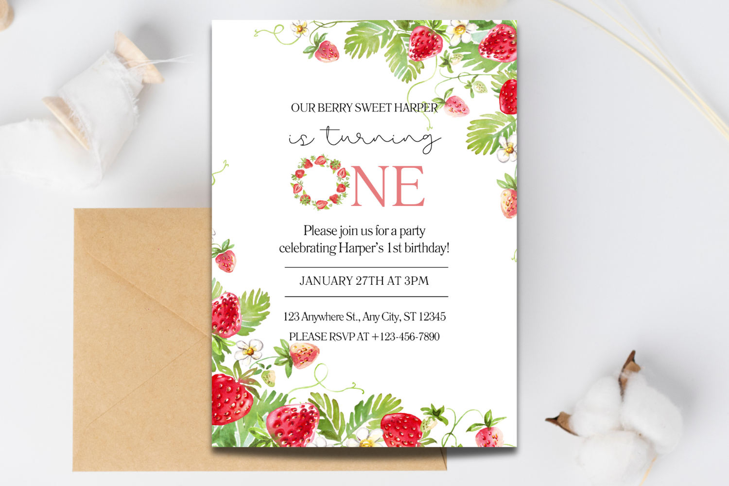 Editable Pink Berry First Birthday Invite, Strawberry Theme Invitation