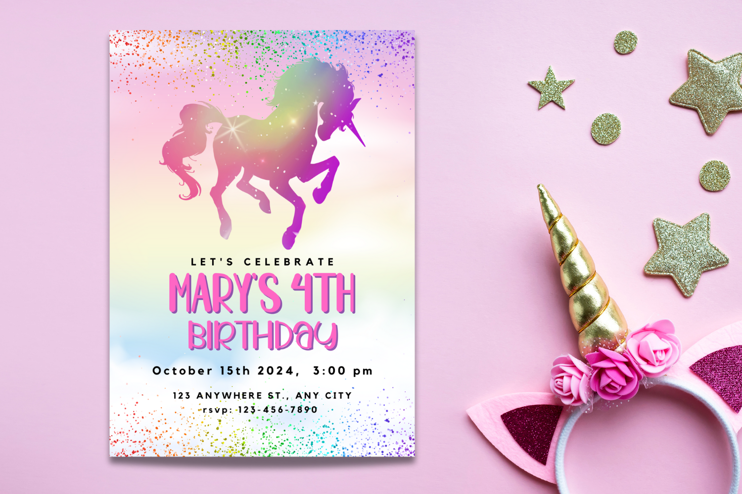 Rainbow Unicorn Birthday Invitation, Colorful Unicorn Party Invite, Magical Kids Birthday Invitation, Editable Canva Template