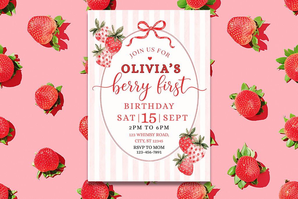 Berry First Birthday Invitation, Strawberry 1st Birthday Invite, Berry Sweet First Birthday, Editable Canva Invitation