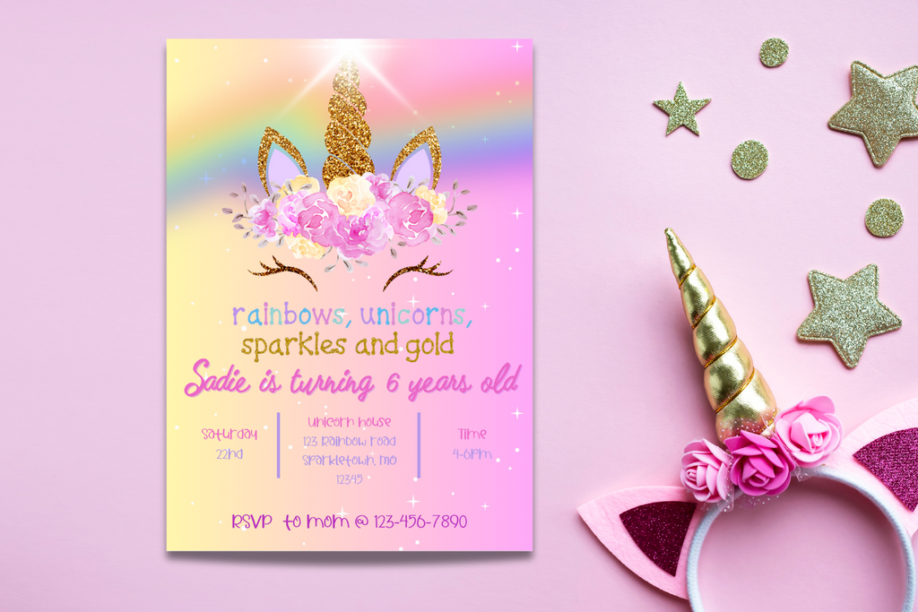 Unicorn Birthday Invitation, Rainbow Unicorn Party Invite, Sparkle Birthday Invitation, Editable Canva Kids Birthday Template