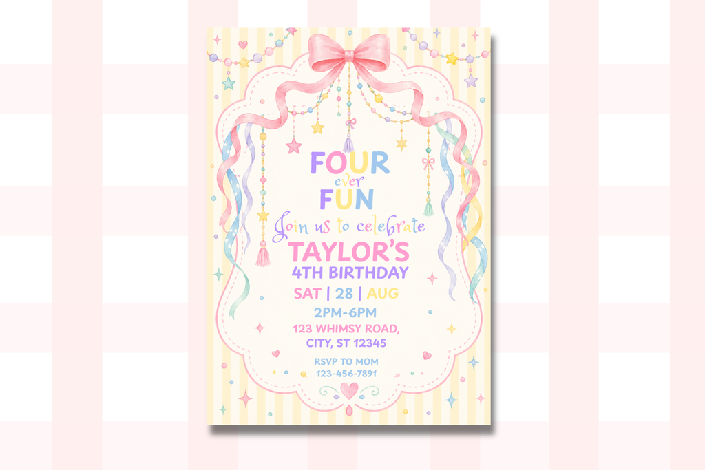 Four Ever Fun 4th Birthday Invitation, Pastel Birthday Invite, Whimsical Fourth Birthday Party, Editable Canva Invitation