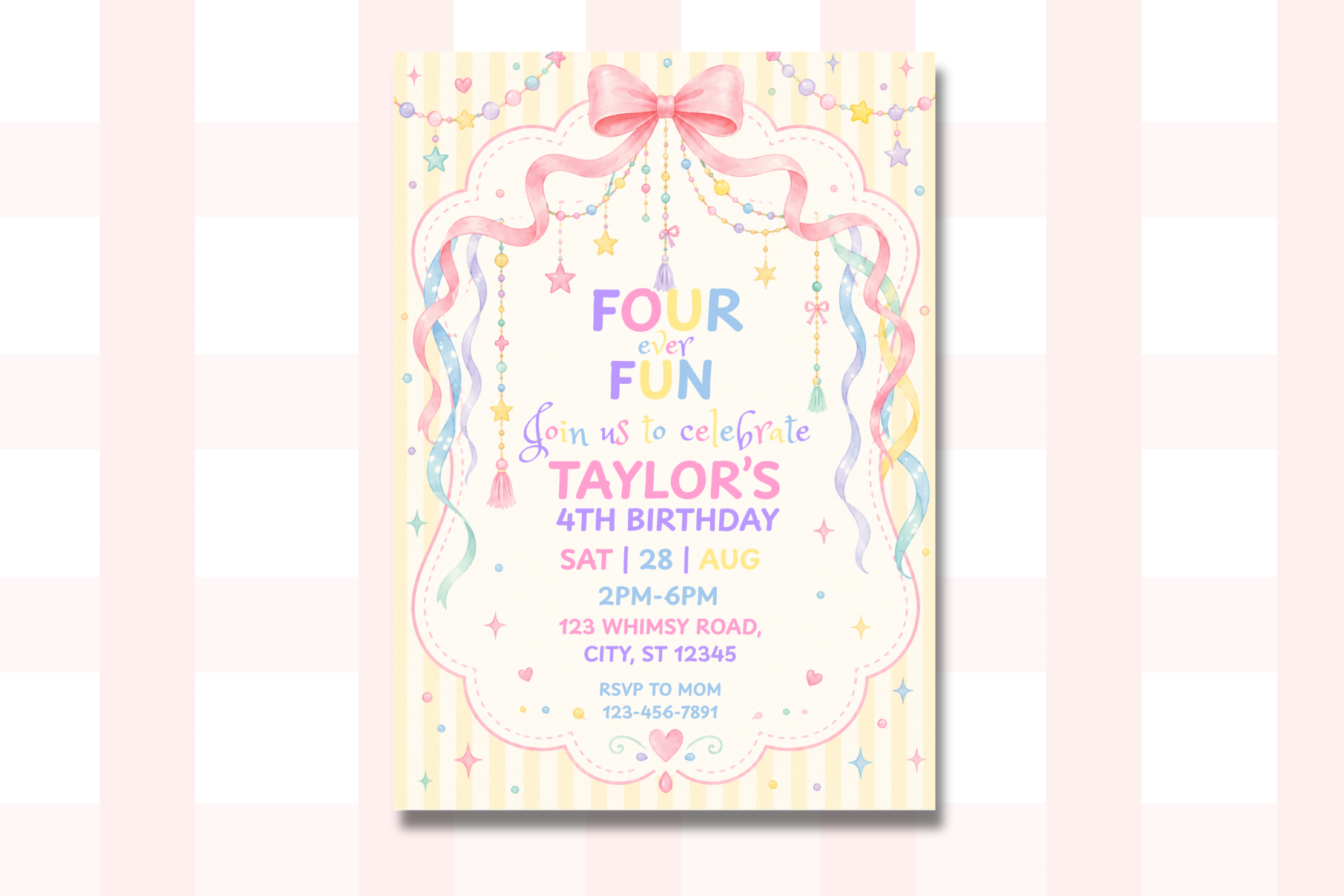 Four Ever Fun 4th Birthday Invitation, Pastel Birthday Invite, Whimsical Fourth Birthday Party, Editable Canva Invitation