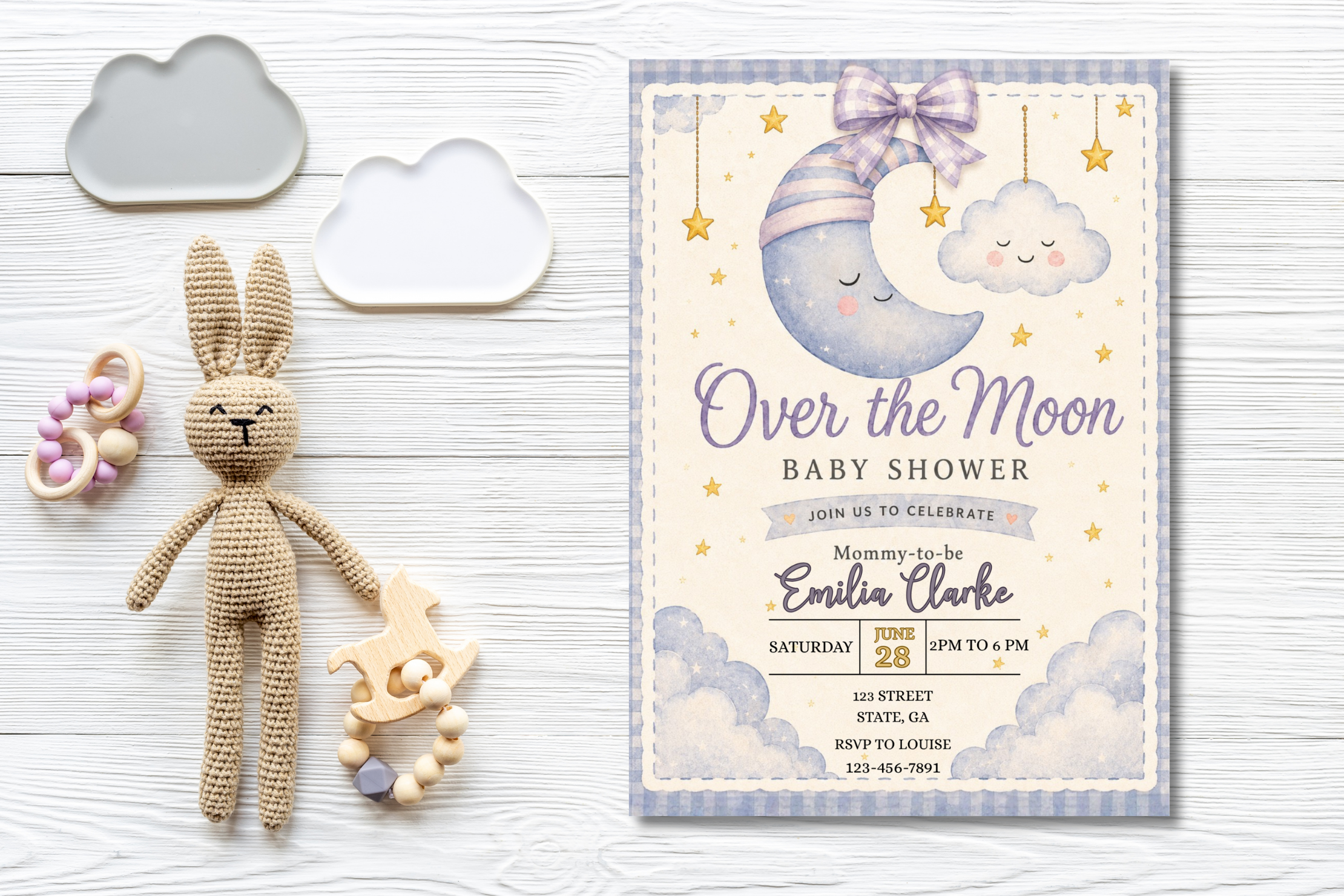 Over the Moon Baby Shower Invitation, Moon and Stars Baby Shower Invite, Celestial Baby Shower, Editable Canva Invitation