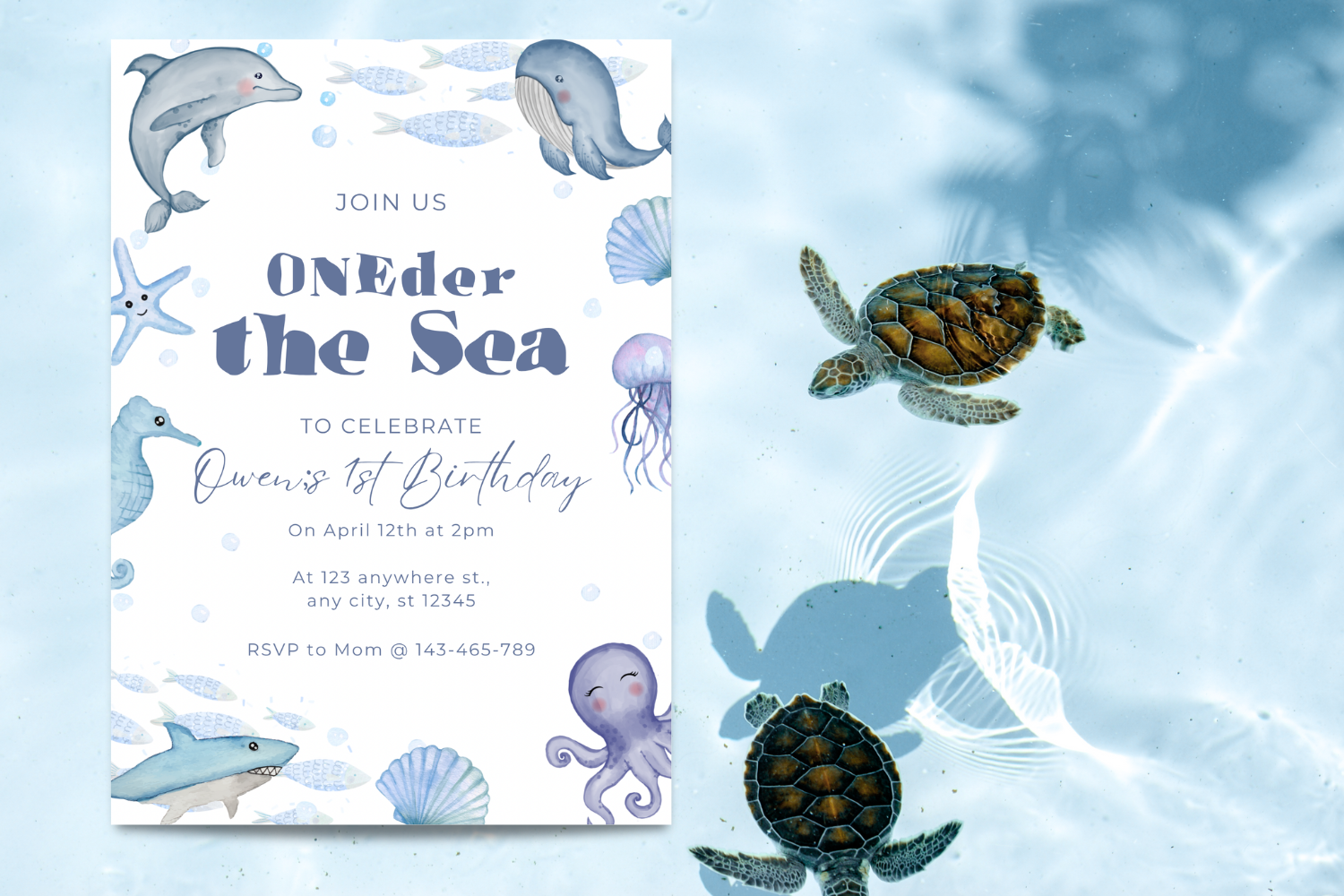 Under the Sea First Birthday Invitation, Oneder the Sea Birthday Invite, Blue Ocean Birthday Party, Editable Canva Invitation