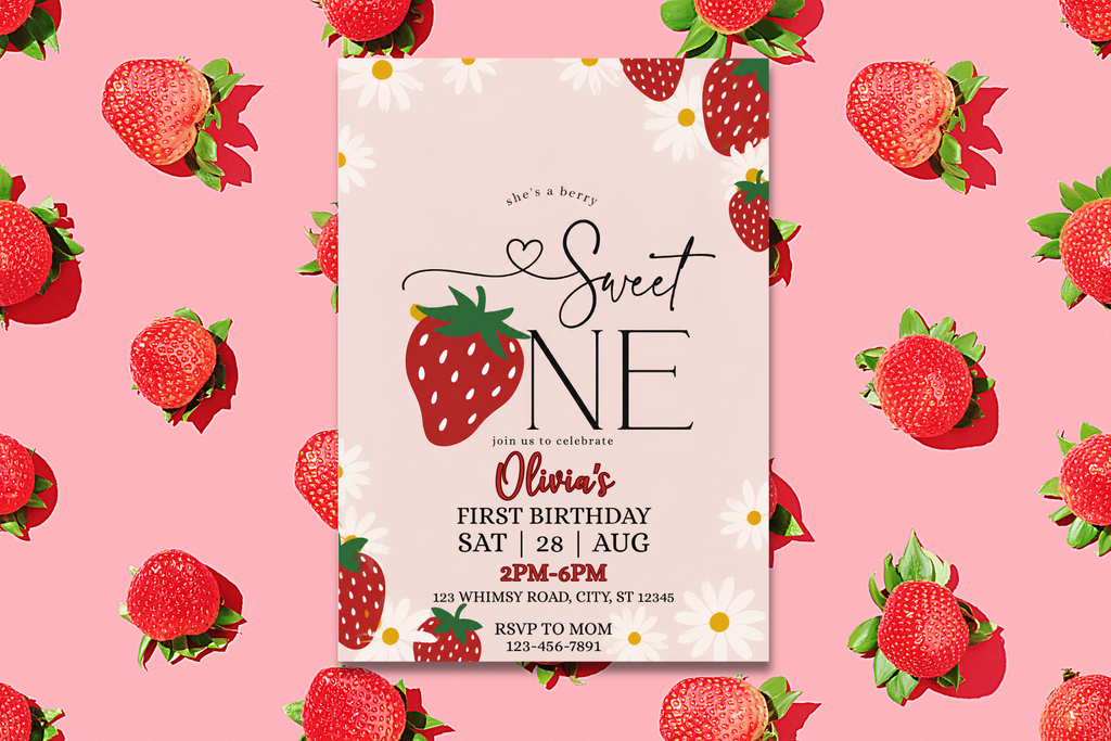 Berry Sweet First Birthday Invitation, Strawberry 1st Birthday Invite, Sweet One Birthday Party, Editable Canva Invitation