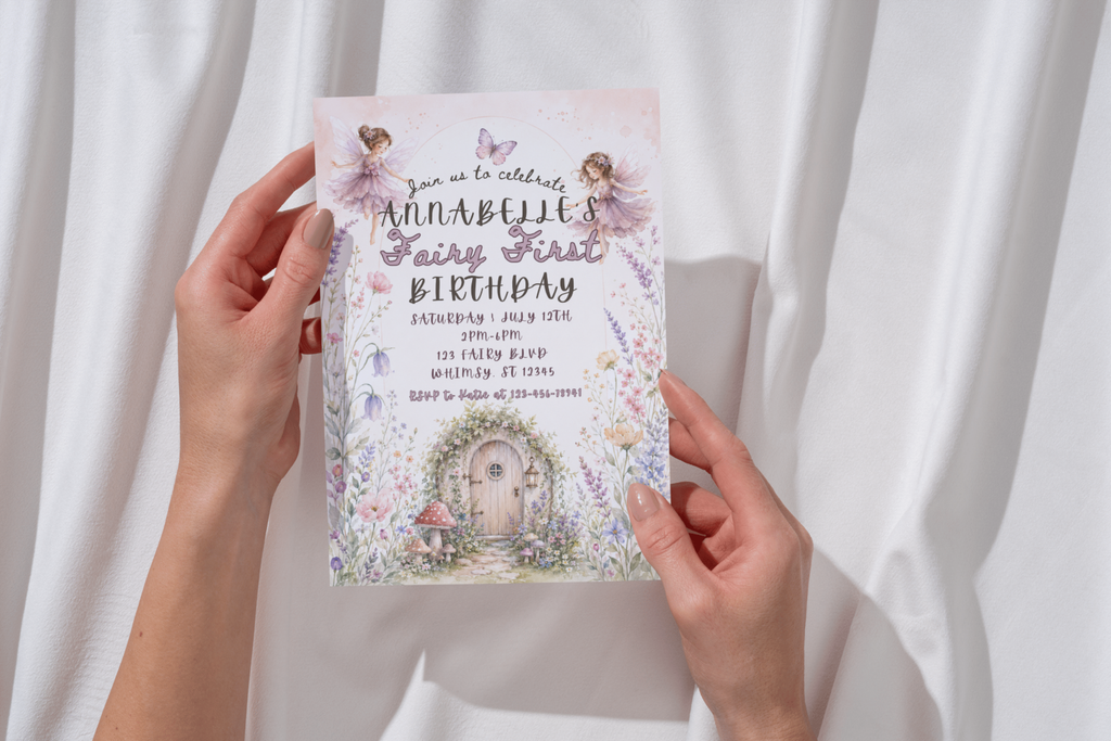 Fairy First Birthday Invitation, Enchanted Fairy Garden 1st Birthday Invite, Watercolor Floral Birthday Invite, Editable Canva Template
