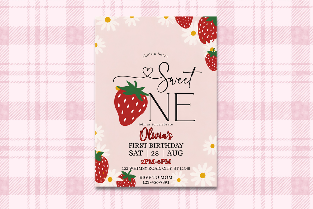 Berry Sweet First Birthday Invitation, Strawberry 1st Birthday Invite, Sweet One Birthday Party, Editable Canva Invitation