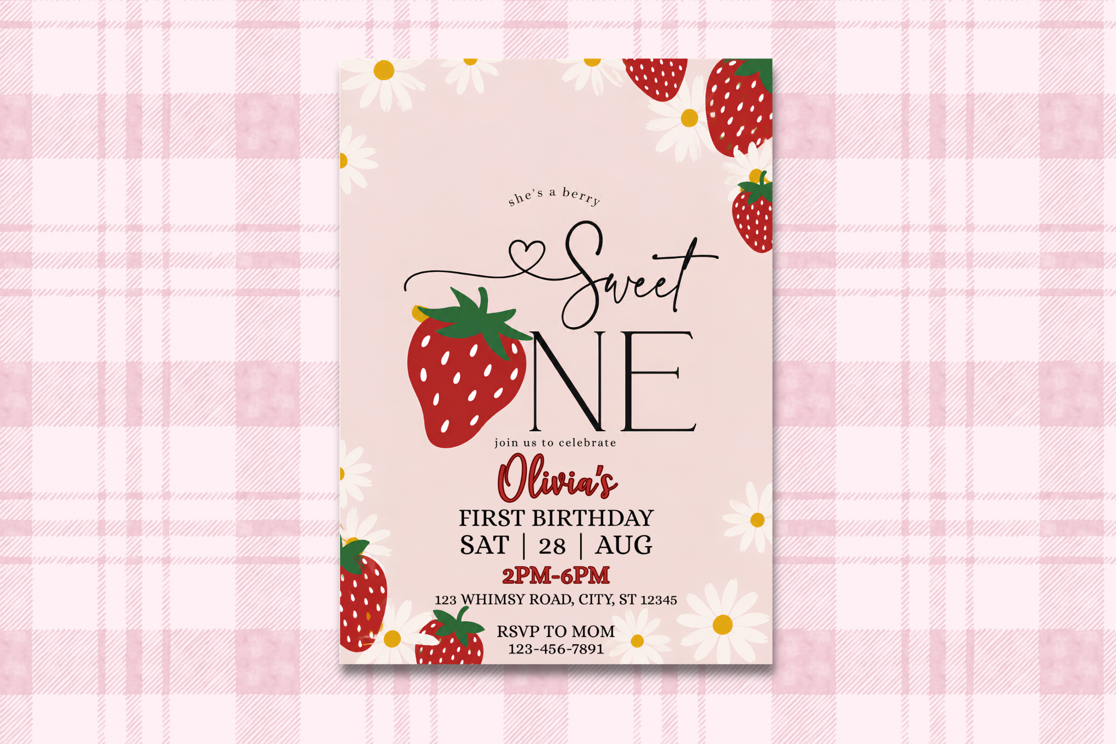 Berry Sweet First Birthday Invitation, Strawberry 1st Birthday Invite, Sweet One Birthday Party, Editable Canva Invitation