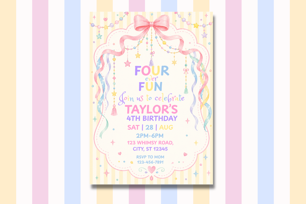Four Ever Fun 4th Birthday Invitation, Pastel Birthday Invite, Whimsical Fourth Birthday Party, Editable Canva Invitation
